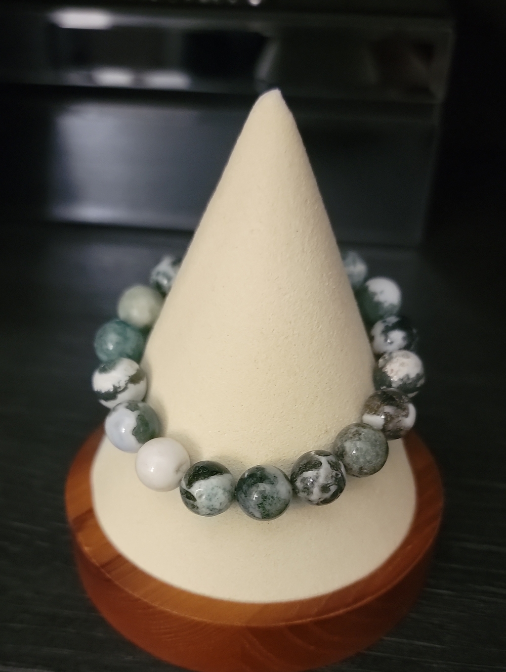Natural Tree Agate Gemstone Stretch Bracelet | Green Moss Agate Beads